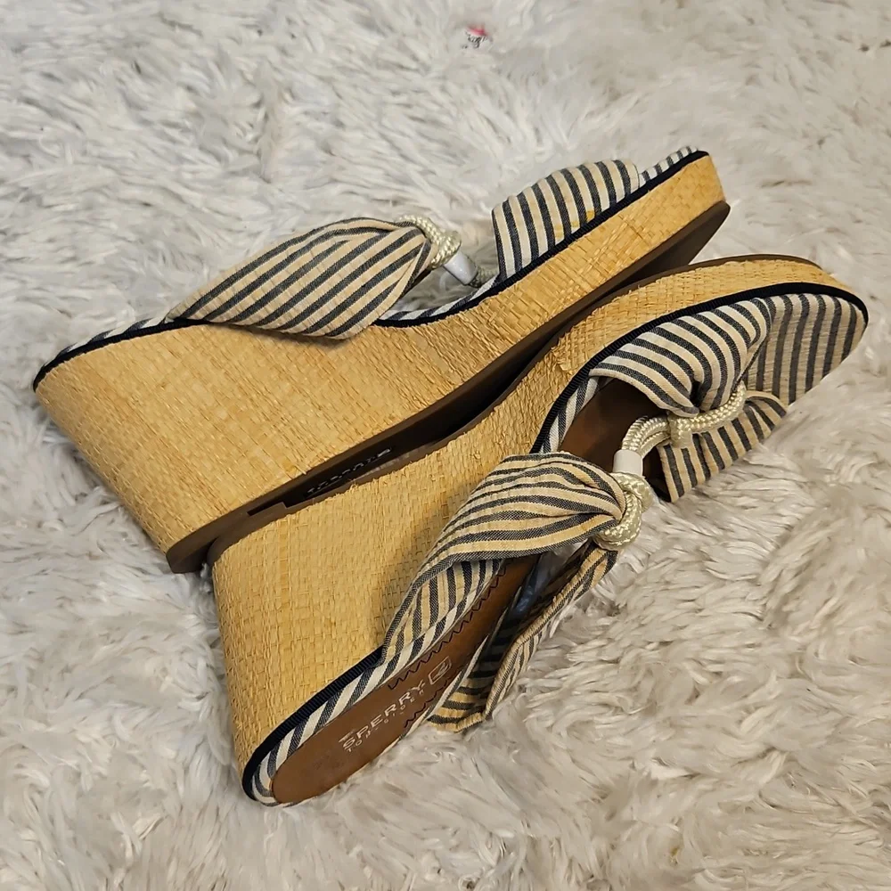 Sperry Top-Sider Espadrille Wedge Sandals Blue Striped Bow Accents Nautical‎